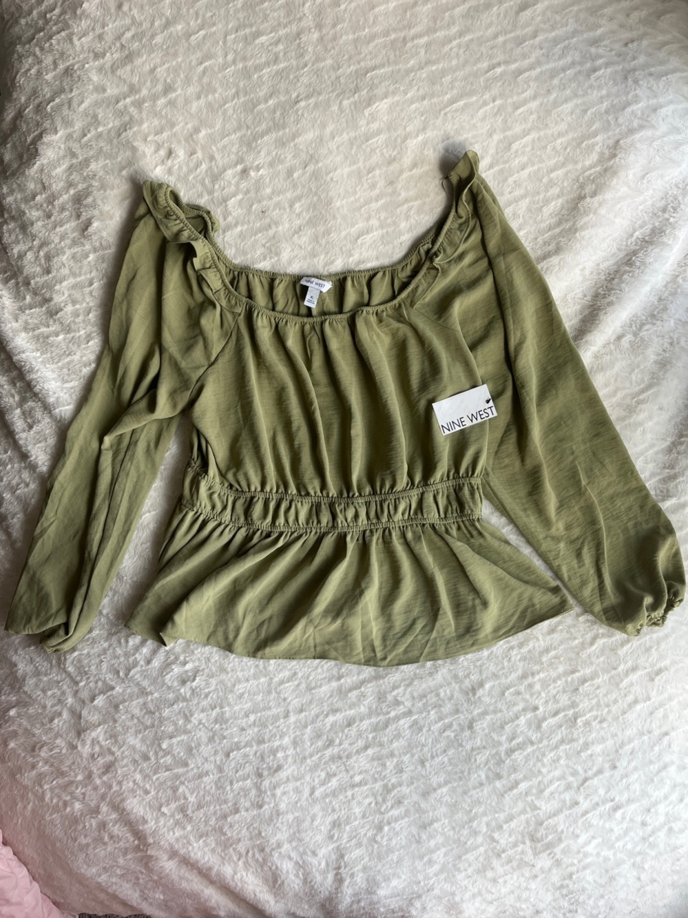 Nine West Olive Green Off-Shoulder Peasant Blouse